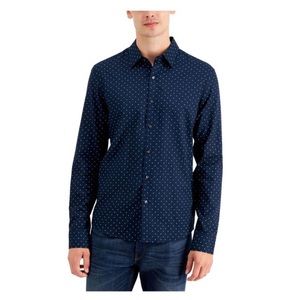 MICHAEL KORS Mens Navy Printed Point Collar Slim Fit Dress Shirt XL